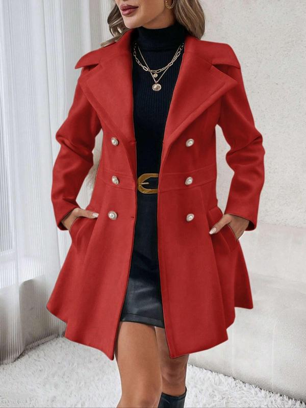 Women's Solid Color Double Button Lapel Blazer Coat, Fashion Coat, Elegant Fashion Long Sleeve Pocket Design Coat for Daily Outdoor Wear, Trendy Coat for Women, Women Outerwear Clothing for Fall & Winter